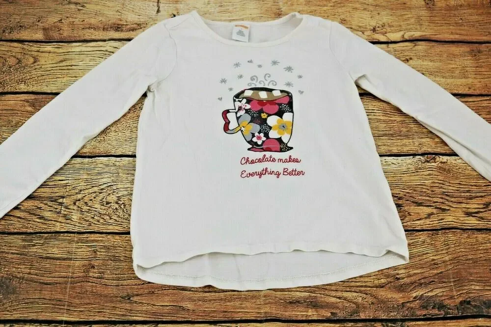 Gymboree Girl’s White Long Sleeve Graphic Hot Chocolate T-Shirt Kid’s Youth 7